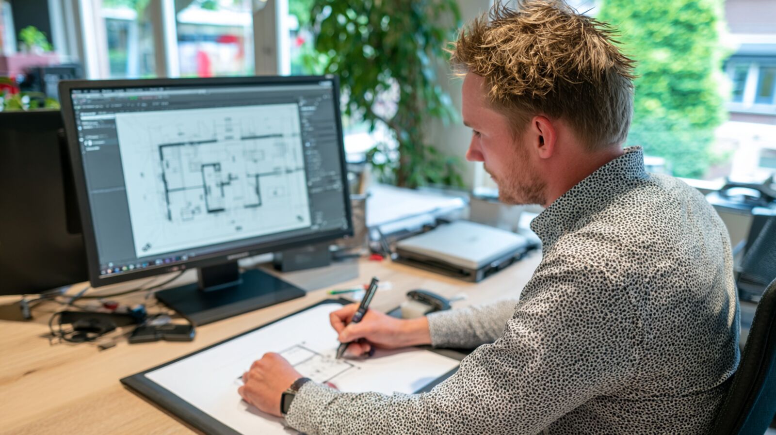 Bouwkundig tekenaar aan het werk