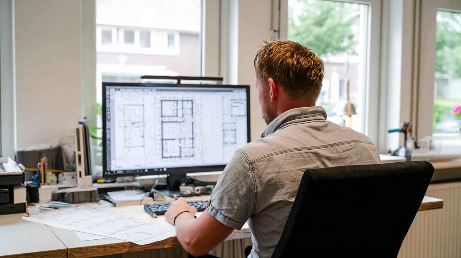 Professional aan het werk aan een bouwtekening